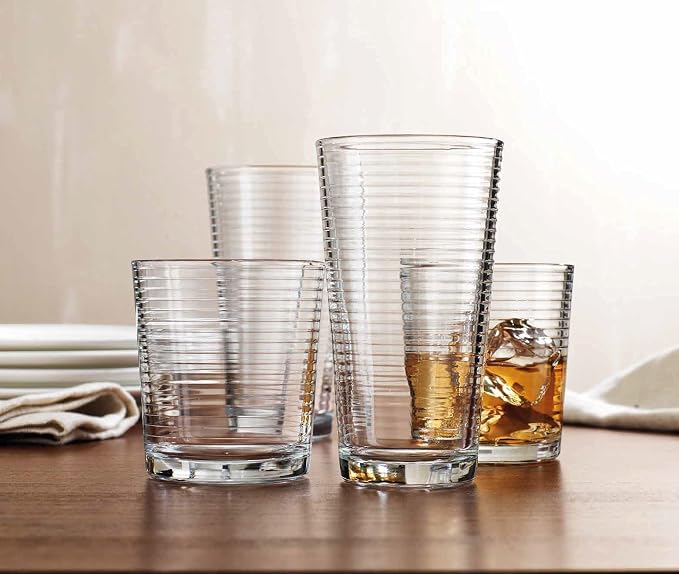 Drinking Glasses - Set of 8 Glass Cups, 4 Highball Glasses (17oz) 4 Rocks Glasses (13oz) Ribbed Glasses for Mixed Drinks, Water, Juice, beer, Wine, Excellent Gift!