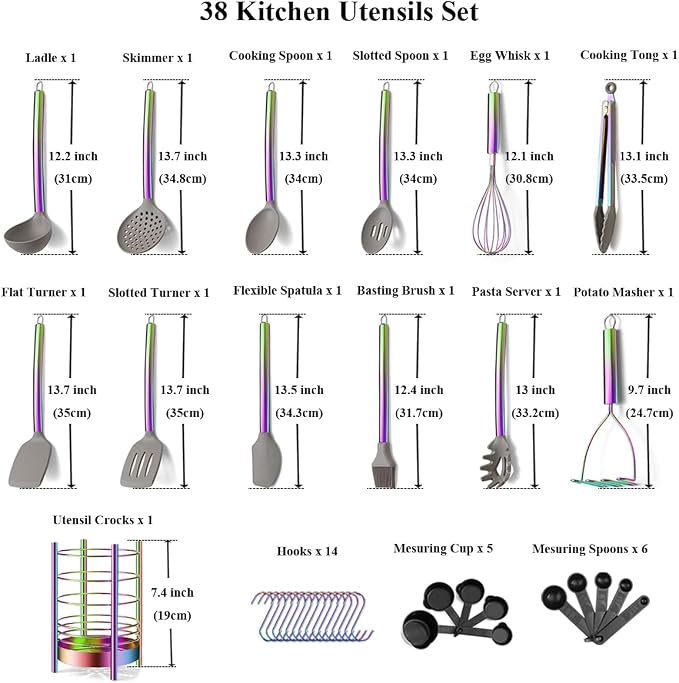 38 Piece Silicone kitchen Cooking Utensils Set with Utensil Crocks, Silicone Head and Stainless Steel Handle Cookware, Kitchen Tools for Utensil Set, Non-Stick kitchen Gadgets,Dishwasher Safe(Rainbow)