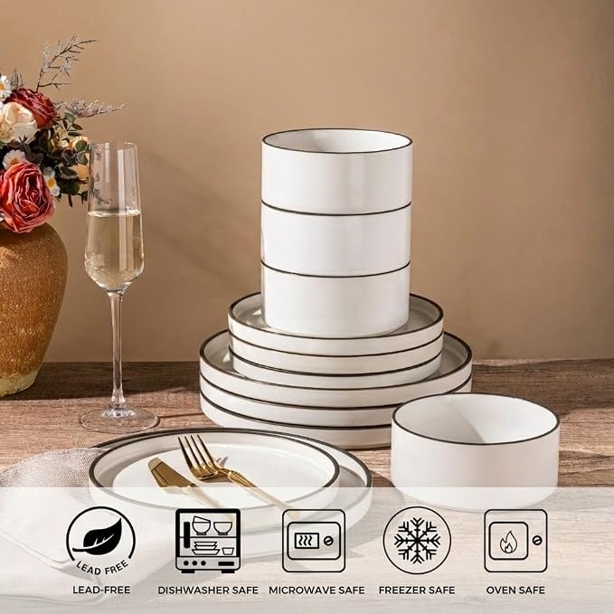 LERATIO Stoneware Dinnerware Sets for 6,18-Piece Matte Plates and Bowls Set | Handmade High Edge Rim Dish Set,Oven & Microwave,Dishwasher Safe,Scratch Resistant-Creamly White
