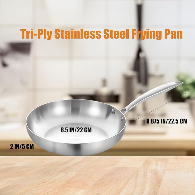 LOLYKITCH 8.5 Inch Small Frying Pan | Tri-Ply Stainless Steel Skillet | Fast & Even Heating | Stay-Cool Detachable Handle | Dishwasher and Oven Safe | Induction Ready | For Modern Home Kitchens