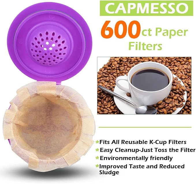 CAPMESSO Disposable Coffee Paper Filters Replacement Kerig Coffee Filters Compatible with Reusable Single Serve Pods Keurig Coffee Maker-600 Count (Natural)