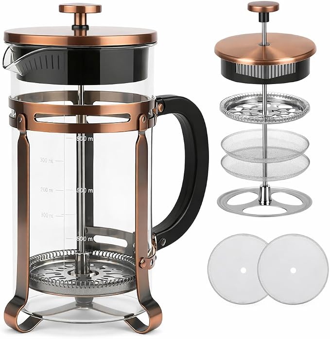French Press Coffee Maker 34oz, Heat-Resistant Glass Coffee Maker-Bronze | Thickened Glass Stainless Steel, for Coffee, Cold Brew,Tea & Cocoa