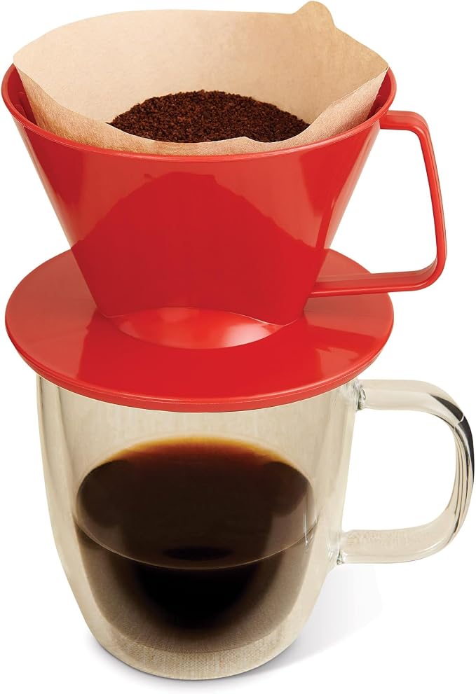 Fino Pour-Over Coffee Brewing Filter Cone, Number 4-Size, Red, Brews 8 to 12-Cups, Set of 2