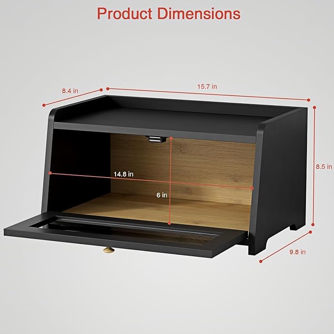 Goozii Black Bread Box for Kitchen Countertop, Small Vintage Counter Top Breadbox, Homemade Bread Storage Container for Sourdough Loaf, Farmhouse Wooden Corner Kitchen Counter Organizer for Cabinet