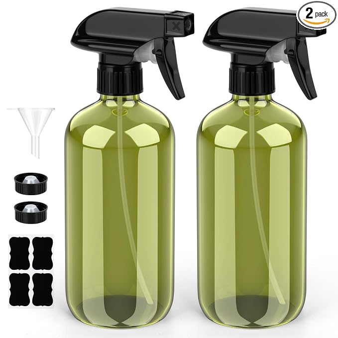 Bontip Glass Spray Bottle 16 oz for Cleaning, Plants (2 Pack, Olive Green | Refillable green spray bottle Set, BPA-free eco glass, With labels and funnel, Great for cleaners, plant misting, hair care