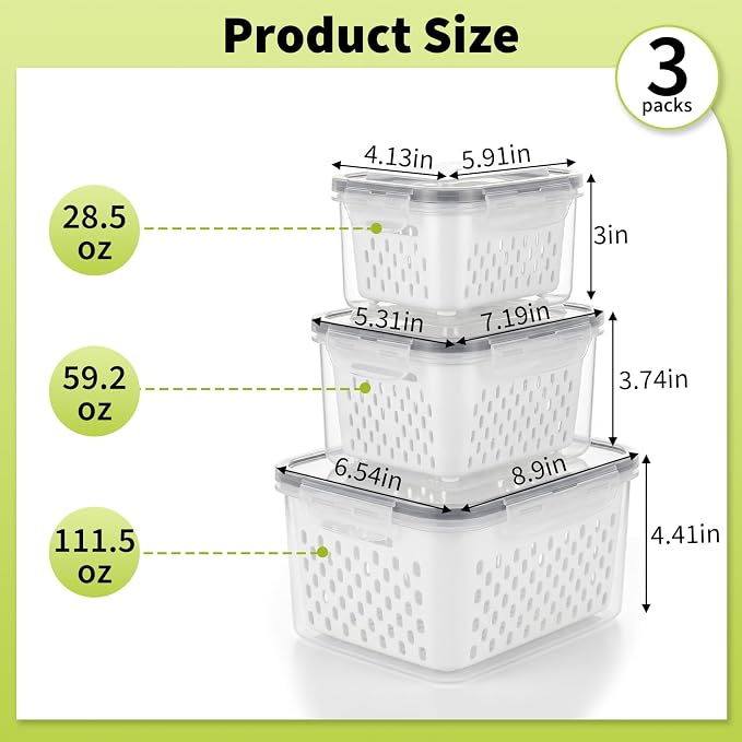 Fruit Storage Containers for Fridge, Grape Organizers with Removable Colander, 3-Pack No-Leak Design, Durable and Easy to Clean, Keeps Grapes Fresh, Perfect for Fridge Storage and Organization