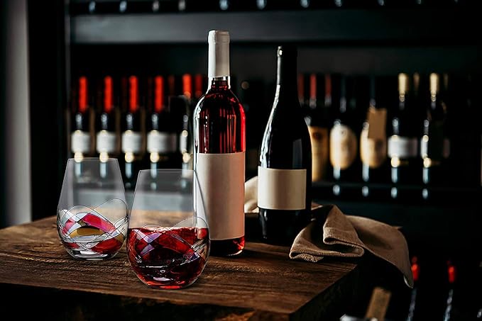 Bezrat Stemless Wine Glasses Set of Two | Hand Painted Large Premium Red and White Wine glasses | Lead-Free Crystal | Essential Wine Gift | 18 Ounces (Blue)