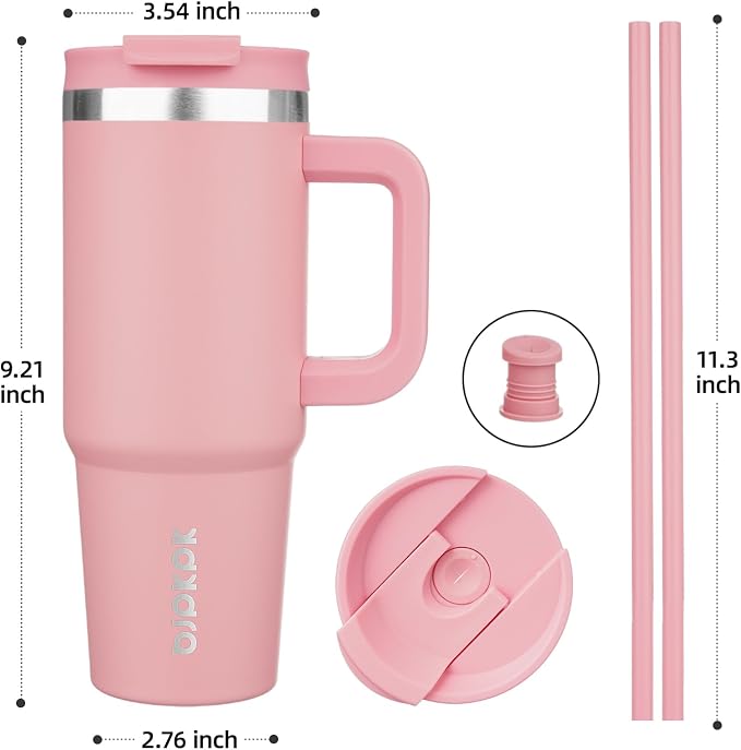 BJPKPK 30 oz Insulated Tumbler with Handle & Straw, Stainless Steel | Double Wall Vacuum Insulation, Leak Proof, BPA Free, Dishwasher Safe, Cupholder Friendly, Travel & Outdoor, Light Pink