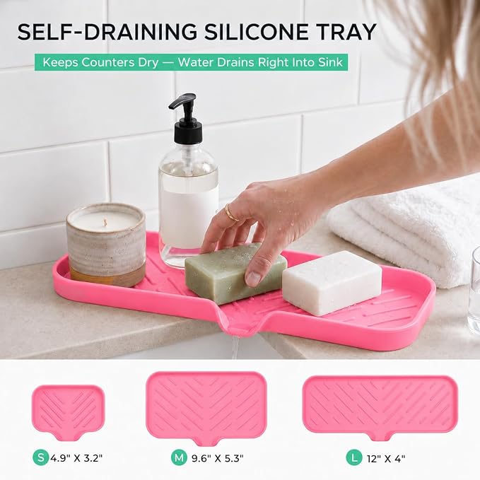 MicoYang Silicone Soap Dish with Drain Spout — Self-Draining Double Sink Organizer Tray for Kitchen & Bathroom, Dispensers, Sponges & Soap Holder, Non-Slip & Dishwasher Safe, Rose (Large, 12"×4")