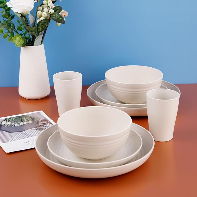 32Pcs Beige Wheat Straw Dinnerware Set Service For 8 Shatterproof | Elegant Cream Wheat Straw Plastic Dinnerware Set Includes Shatterproof Plates And Bowls For Rv Camping And College Dorm Use