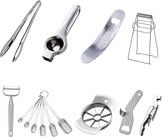 Silver Garlic Press Bottler Wine Opener Measuring Spoons Lemon Squeezer Vegetable Peeler Apple Cutter Kitchen Tongs Hot Plate Gripper Ice Tongs Kitchen Accessories Tools Set, Dish Washer Safe
