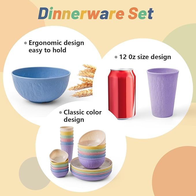 SHECIPIN 24-Piece Wheat Straw Dinnerware Set, Large Round Plates, Bowls and Cups, Unbreakable dish set, Dishwasher and Microwave Safe, Outdoor Camping Dishes