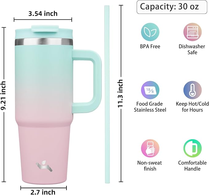 Konokyo 30 oz Insulated Tumbler Water Bottle with Handle, Straw Lid | BPA-free and dishwasher safe; made for gym, travel, coffee and gifting, 2 straws, cup holder friendly,Gum