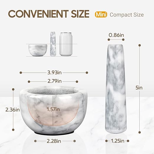 Tera Mortar and Pestle Set Marble Small Bowl Solid Stone Grinder Spice Herb Grinder Pill Crusher White, Diameter 3.93"