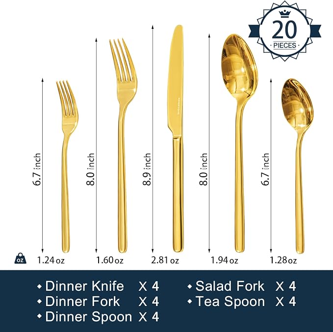 Gold Silverware Set, 20 Piece Flatware Cutlery Set for 4, 18/10 Stainless Steel Silverware Mirror Polished Dishwasher Safe for Home, Restaurant, Wedding, Party(Gold, 20 pieces for 4)