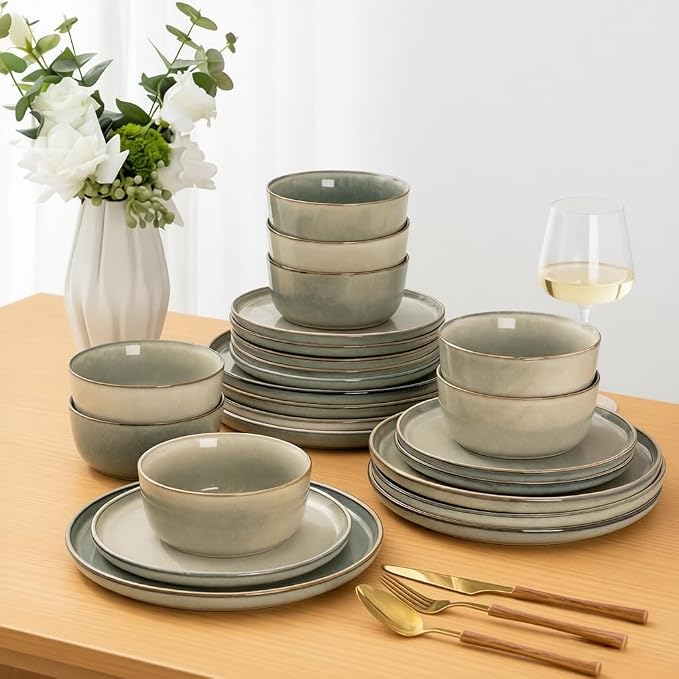 AmorArc Stoneware Dinnerware Sets for 6, 18Pcs Plates and Bowls Sets Dishes | Ceramic Round Reactive Glaze Dishes Set, Highly Scratch Resistant | Dishwasher & Microwave Safe Dishware