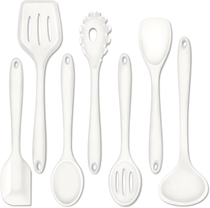 P&P CHEF White Kitchen Utensils, Silicone Cooking Utensil Set of 7 | Soft Spatula for Nonstick Cookware, Slotted Turner, Soup Ladle, Pasta Server, Spoon for Cooking, Dishwasher Safe & Heat Proof