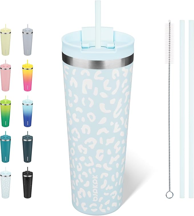 BJPKPK 26 oz Coffee Tumbler with Straw, Insulated Stainless Steel Cup | Double Wall Vacuum, Leak Proof Lid, Keeps Hot/Cold/Iced, BPA Free, Travel & Outdoor, Light Blue Leopard