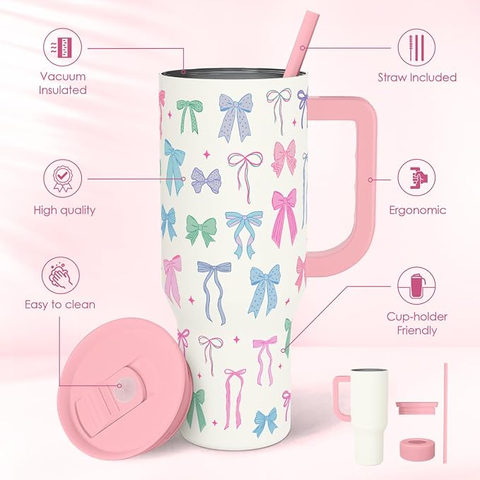 SANDJEST Bow 40oz Tumbler With Handle and Straw, Insulated Stainless Steel Travel Coffee Mug for Women Girls Bow Lovers, Gift Idea for Birthday Christmas Mothers Day