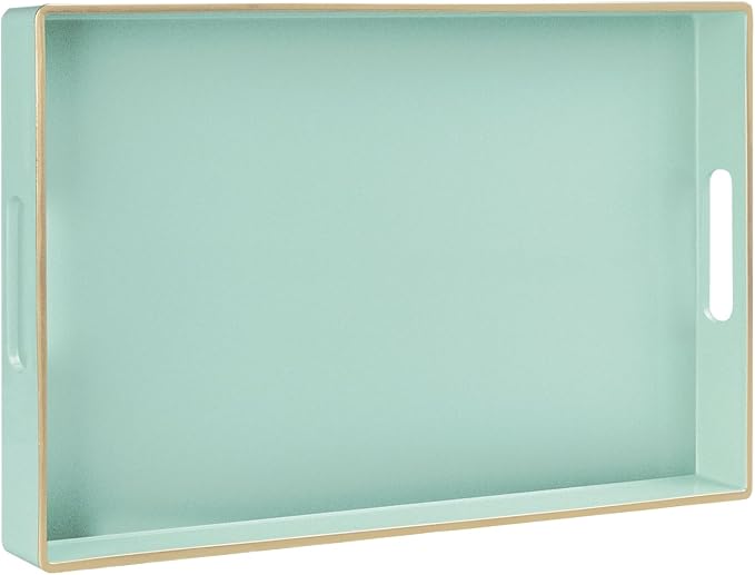 Mint Green Decorative Tray for Ottoman, Serving Tray with Handles | Plastic Melamine Tray, Modern Coffee Table Tray, Rectangle Countertop Organizer Tray for Living Room, 15.8"L x 10.2"W x 1.4"H