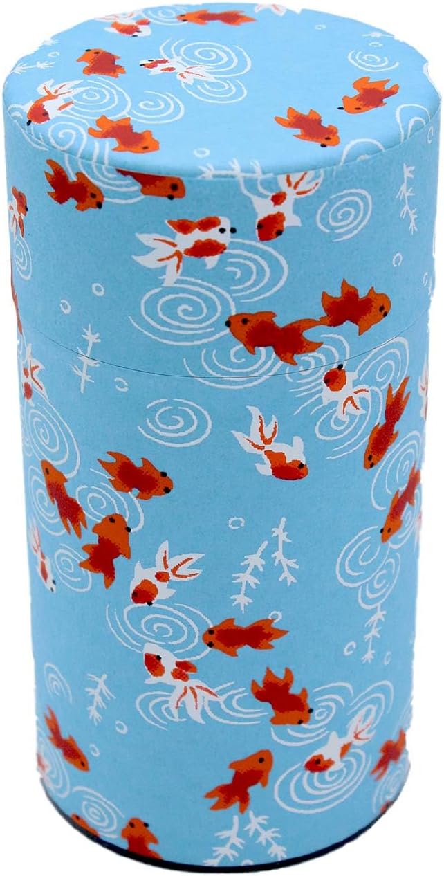 Japanese Pokkan Matcha Coffee Spice Tea Tin Canister Washi Paper Storage with Lid 7.05 oz Capacity (Light Blue Goldfish, L)
