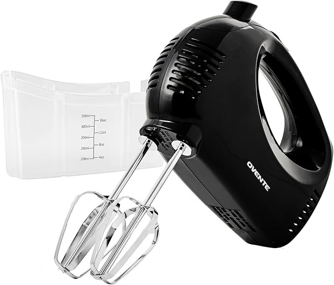 OVENTE 5-Speed Electric Hand Mixer with Storage Case,150W, Black HM151B | Stainless Steel Whisks, Compact Portable Design, Lightweight Handheld Mixer for Baking & Cooking