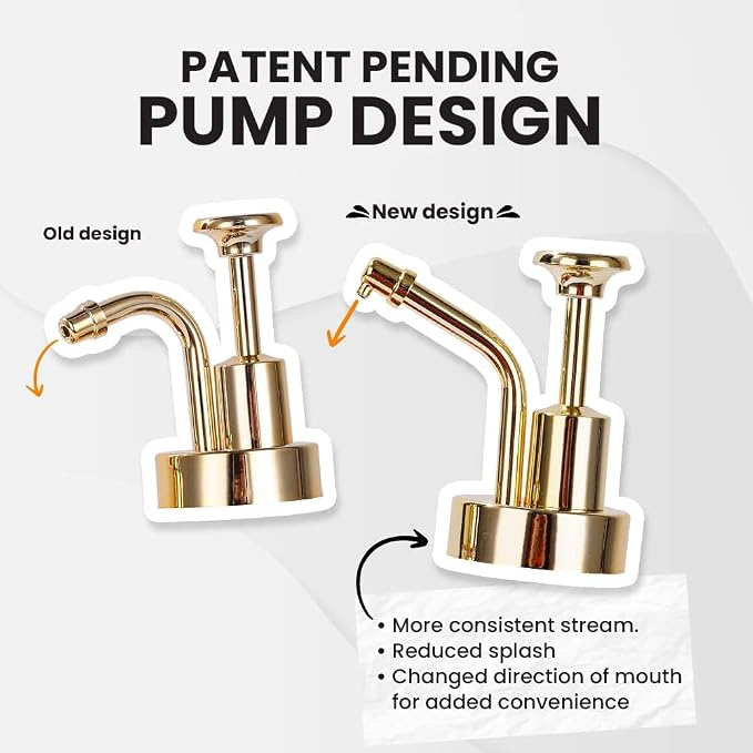Coffee Syrup Dispenser for Coffee Bar, Coffee Pump Dispenser, Glass Syrup Bottle w. Pump, 11.8 oz 350 ml, Set of 2, Gold Upgraded Pump