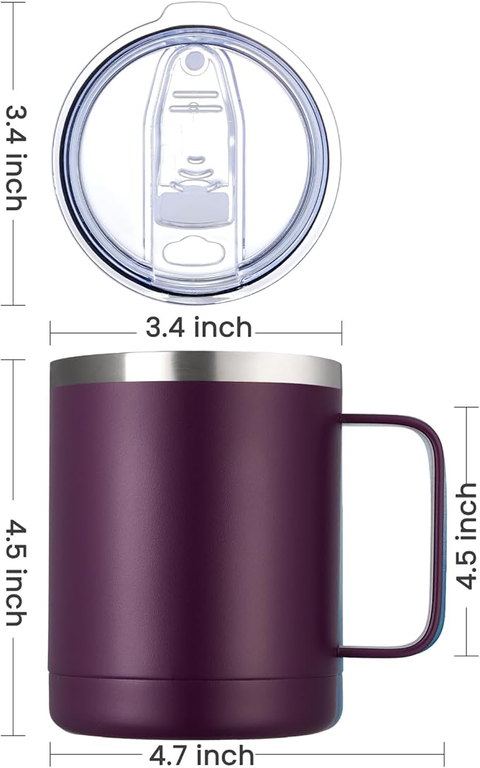 MEWAY 12oz Coffee Mug With Handle and Sliding Lid,Stainless Steel Travel Tumbler Cup with Handle,Double Wall Vacuum Insulated Camping Cup for Hot & Cold Drinks Tea (Plum,Set of 1)