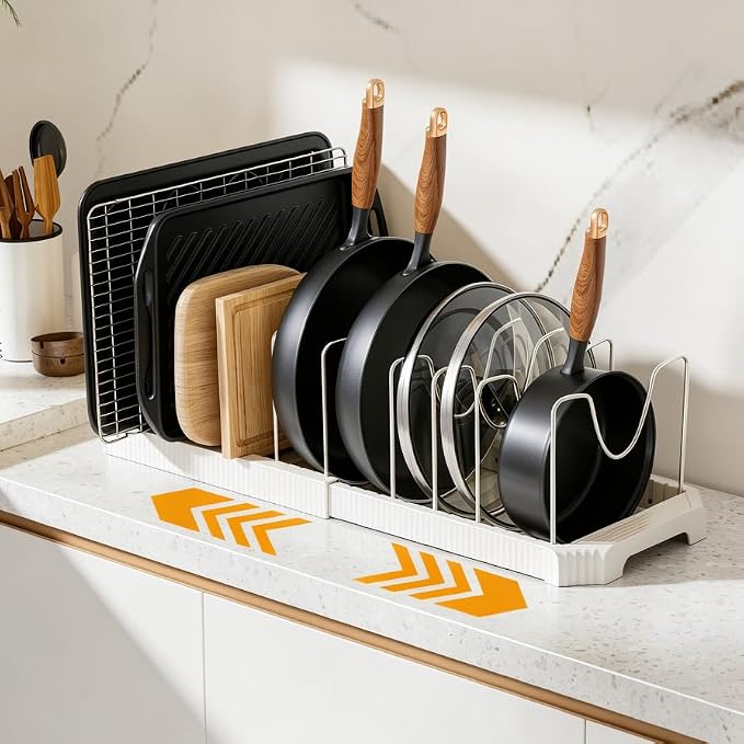 MUDEELA Pots and Pans Organizer under Cabinet, Pan Pot Organizer Inside Cabinet, Expandable 12.9''-21.88'' Pot Lid Organizer Holder with 10 Adjustable Dividers for Cutting Boards, Pan Lid Rack, White