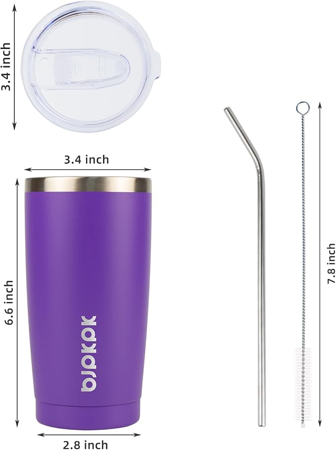 BJPKPK 20oz Coffee Tumbler with Lid & Straw, Insulated Stainless Steel Mug | Double Wall Vacuum, Keeps Hot/Cold, BPA Free, Leak Proof, Iced Coffee Cup Fit Car Holder, Travel & Beach, Purple