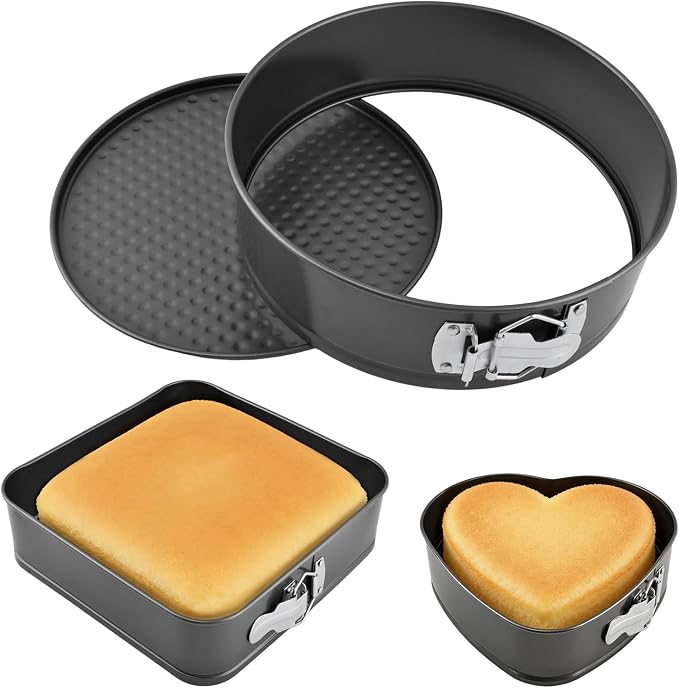 Springform Pan Set of 3 (7,8,9 Inch) - Round, Square and Heart Shaped Leakproof Cheesecake Pans with Removable Bottom, Nonstick Carbon Steel Cake Tin for Valentine‘s Day, Anniversary Baking