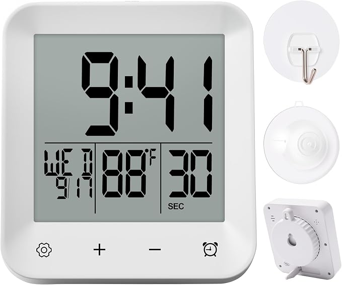XINKORA Waterproof Shower Clock with Timer, Bathroom Wall Clock Displaying Temperature, Date & Day, Battery Operated LCD Digital Clock for Bath, Kitchen (White)