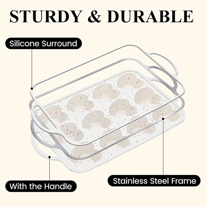 Heart Shaped Muffin Pan, Silicone Heart Mold with Metal Reinforced Frame | 2 Pcs, Nonstick, BPA Free, Oven Dishwasher Safe, Food-Grade Silicone, 12-Cavity for Muffins, Cupcakes, Bread