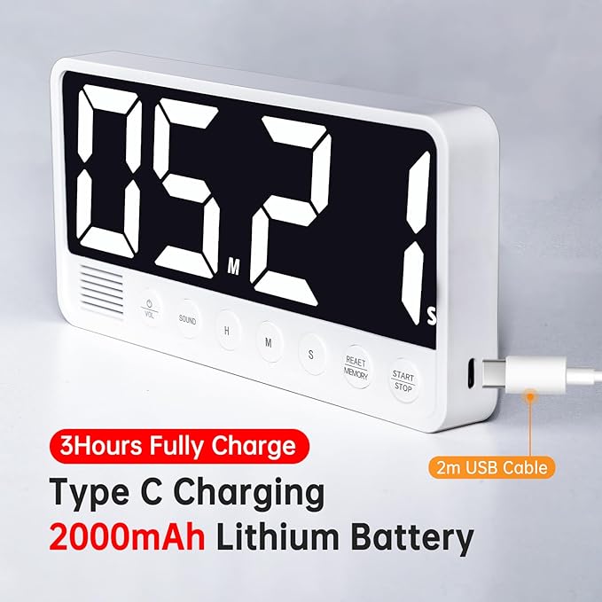 Digital Kitchen Timer - 7.1” Extra Large Display LED Countdown Timer | Rechargeable Magnetic Back, 6 Alarms 4 Levels Volume, 3Memory Presets, Max 99Hrs, On/Off, Automatic Off for Classroom Kitchen