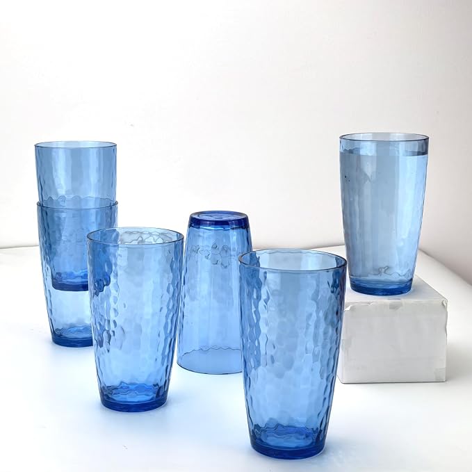 Yalin 20 Ounce Acrylic Drinking Glasses, Reusable Plastic Tumbler, Stackable, BPA-Free, Shatter Proof, Dishwasher Safe, Set of 6 Cups (Blue)