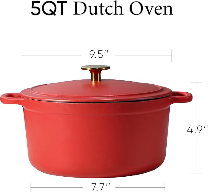 CAROTE 5QT Enameled Cast Iron Dutch Oven Pot with Lid | Sourdough Bread Baking, Braising, Stews, Roasting, Dual Handles, Oven Safe up to 500° F, Red