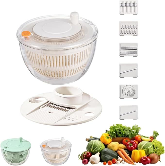 3 In 1 Salad Spinner Slicer Chopper, 2026 Upgraded Small Salad Spinner 5 Blades Slicing And Pureeing Vegetables Wash Bowl Kitchen Gadgets For Efficient Salad Preparation Food Washing (White) | Blue