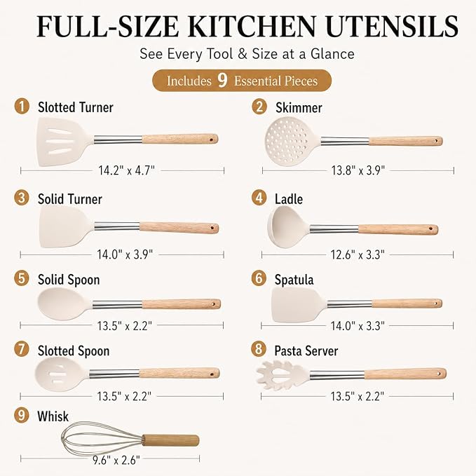 Silicone Kitchen Utensils Set, 9 Pcs Full-Size Non-Toxic Cooking Utensils with Wooden Handles & Stainless Steel Core, Heat Resistant Food Grade Kitchen Gadgets for Nonstick Cookware