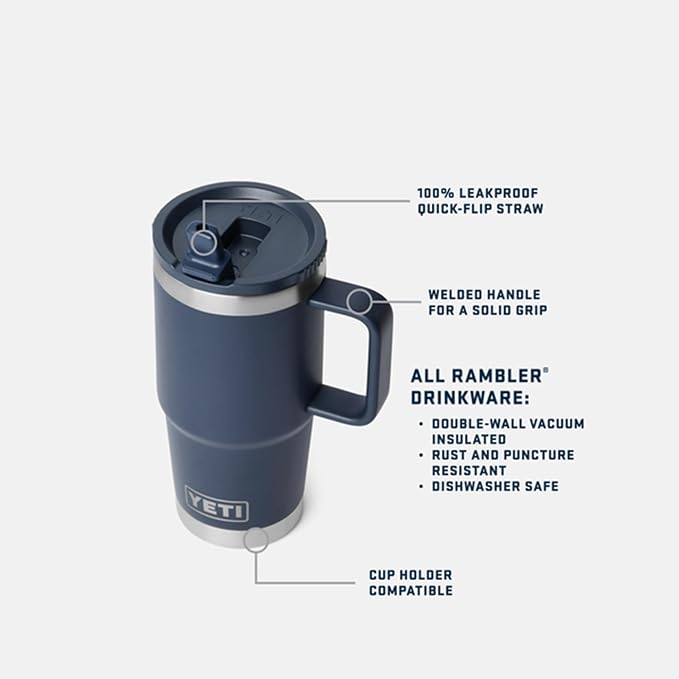 YETI Rambler 20 oz Travel Mug with Flip Straw Lid – Stainless Steel, Vacuum Insulated, Leakproof, Cup Holder Friendly, Black
