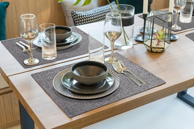 Faux Cotton Linen Placemats Set of 6, Cloth Washable Farmhouse Dining Table Mats for Indoors & Outdoors, Easy to Clean, Dark Grey, 13 x 19 Inch