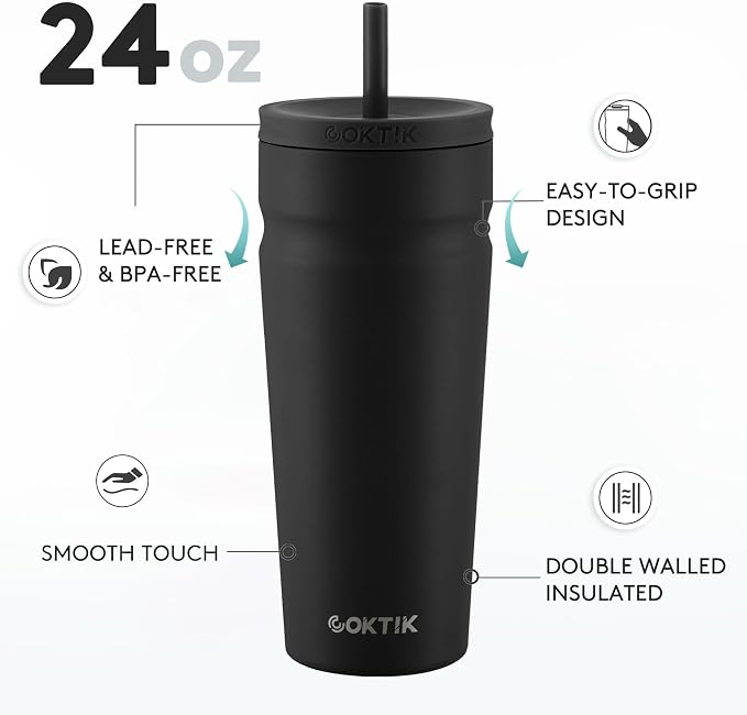 COKTIK 24oz Insulated Tumbler with Lid and Straw Iced Coffee Cup Reusable Stainless Steel Travel Mug Water Bottle Cupholder Friendly for Women Men Her Him (Black)