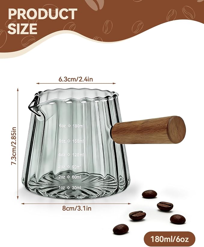 2 PCS Espresso Measuring Cup 6 Oz, Espresso Glass Cups with Wood Handle, Milk Frothing Cup, Espresso Cup for Coffee, Milk, Tea or Maple Syrup Serving (Grey)
