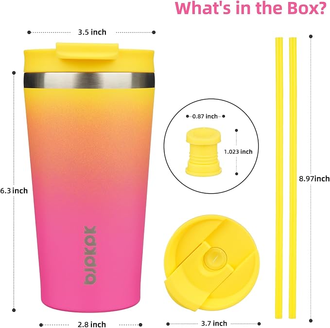 BJPKPK 18 oz Coffee Tumbler with Straw, Insulated Stainless Steel Cup | Double Wall Vacuum, Leak Proof, Keeps Hot/Cold, BPA Free, Dishwasher Safe, Cupholder Friendly, Travel, Pink Yellow Rose