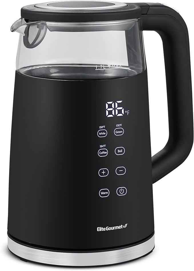 Elite Gourmet 1.7L Dual-Wall Cool-Touch Tea Kettle, Touchscreen, Black | Borosilicate Glass, 304 Stainless Steel Interior, Programmed Digital Keep Warm, Auto Off & Audible Indicator