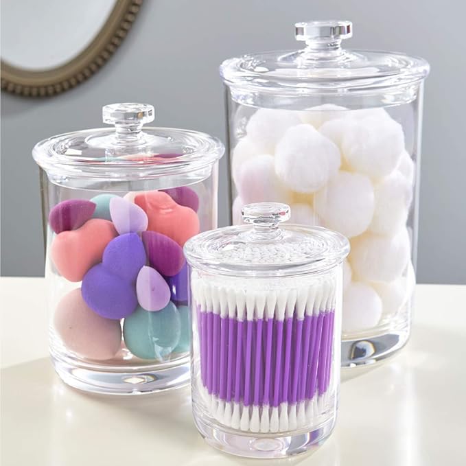 Lyellfe 3 Pack Acrylic Apothecary Jars, Vanity Canister with Airtight Lid | Bathroom Cotton Swab Holder, Clear Storage Jar for Candy, Bath Salt, Cotton Ball, 34 oz, 25 oz, 17 oz