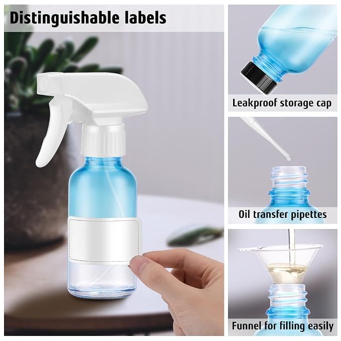 Small Glass Spray Bottle 4 OZ, 2 Pack Empty Blue Glass Spray Bottles | Empty Spray Bottles for cleaning, Plants, Pets, Hair, Durable Spray Nozzle, Fine Mist, Labels, Funnel, Pipettes, Reusable