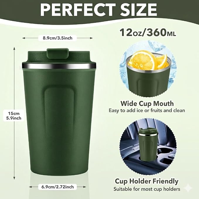 Volhoply 12 oz Double Wall Insulated Vacuum Travel Coffee Mugs with Flip Lid Bulk 2 Pack,Reusable Stainless Steel Leak Proof Coffee Cup,Portable Thermal Tumbler for Cold & Hot Drinks(Army Green,2 Set)