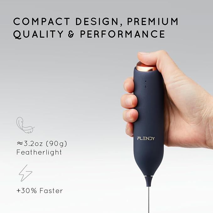 Flendy Rechargeable Milk Frother Handheld with Charging Stand | USB-C Charging Dock, 2 Detachable Double Whisk, Extra Long Mixer Wand, Wall Mount, Top Button, Compact Electric Stirrer