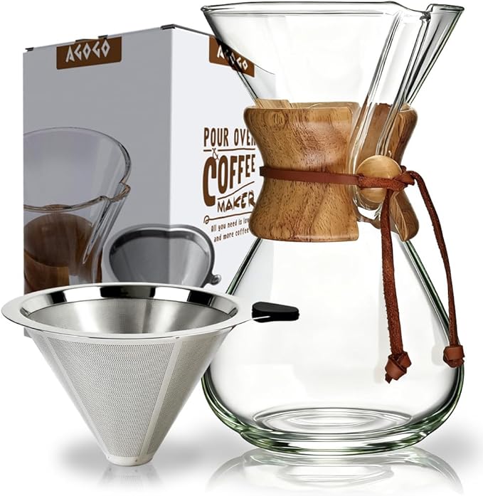 AGOGO Pour Over Coffee Maker Set, 34oz Classic Style, 304 Stainless Filter | Barista kit for home kitchen, Cafe, Camping & Office; 20oz-40oz Classic, Slim, Diamond styles; Includes brush & towel.