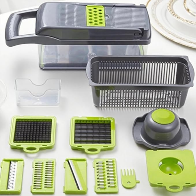 15-in-1 Vegetable Chopper and Mandoline Slicer, Onion Dicer with 8 Interchangeable Stainless Steel Blades, Food Container, Drain Basket, Safety Holder and Cleaning Tool for Fruits and Vegetables